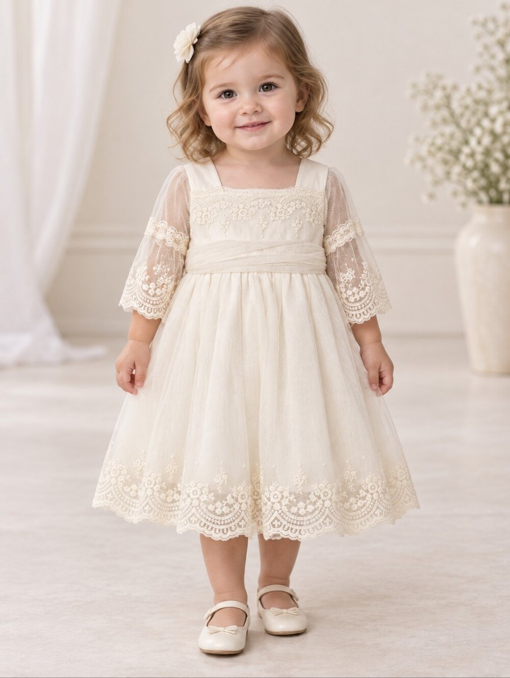 NWT Rare Abel & Lula Ivory Lace 2-Pcs Bridal Formal Long Sleeve Flower Dress 18M